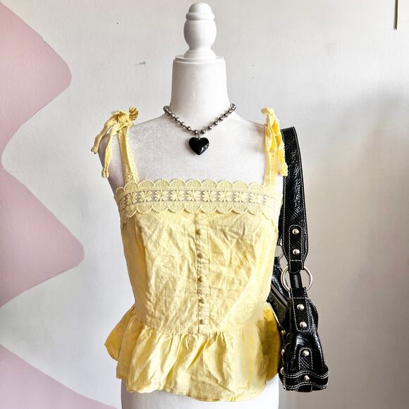 Yellow Lace Peplum‎ Top, Coquette Cottagecore Romantic Summer Medium - Picture 1 of 6